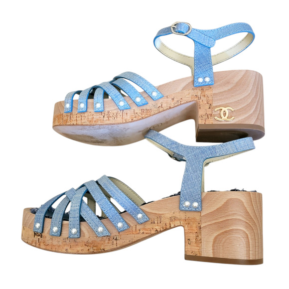 Chanel Denim Clogs CC Logo Sandals Blue Strappy Pearls Heel Shoes Day 7.5 38 - Picture 3 of 12